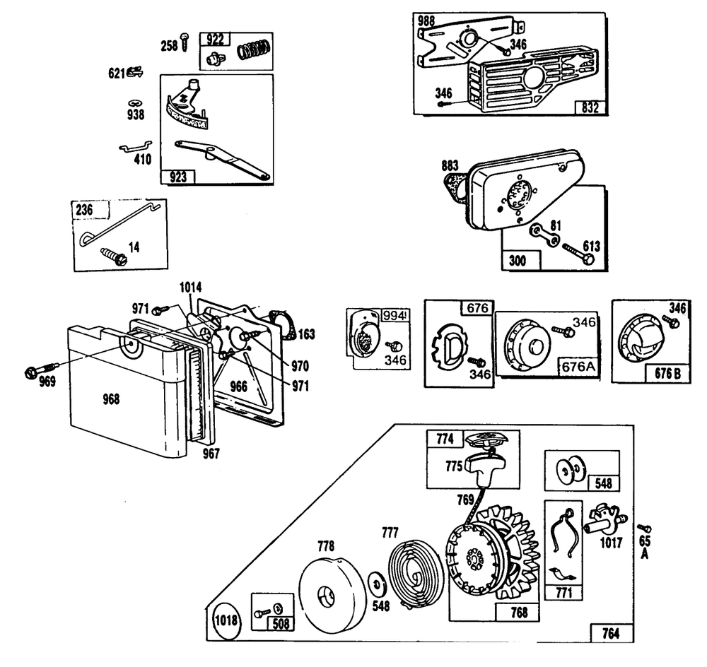 Mufflers, Air Cleaner,rewind Diagram and Parts List for 100708-0102-XX  Briggs and Stratton Engine
